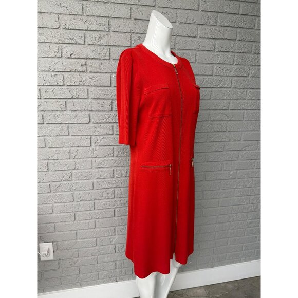 Misook Women Flame Red / Orange Full Front Zip -Up Knit Duster/ Dress Size M - Picture 6 of 9